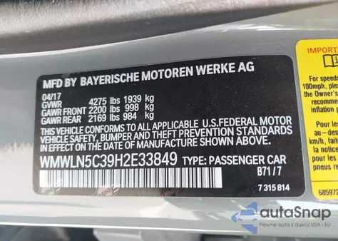 2017 Mini Clubman Cooper from USA, damaged, VIN WMWLN5C39H2E33849